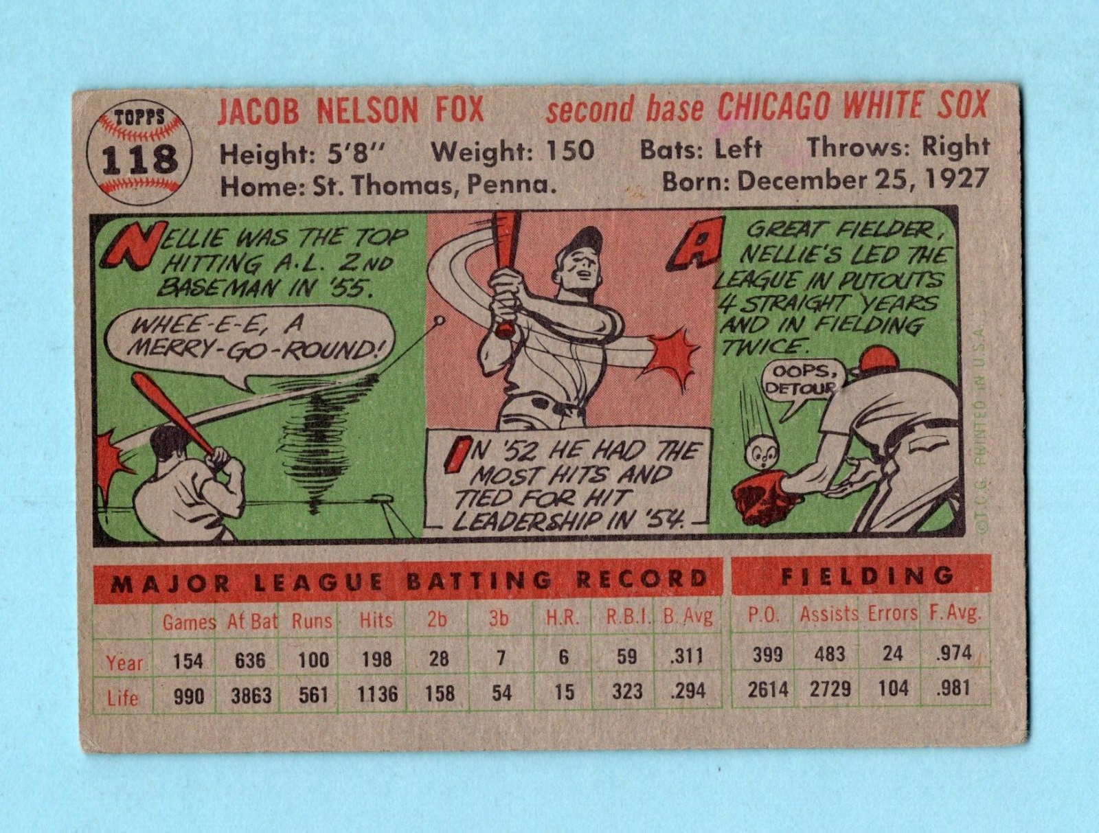 1956 Topps #118 Nellie Fox Chicago White Sox Baseball Card Vg/Ex