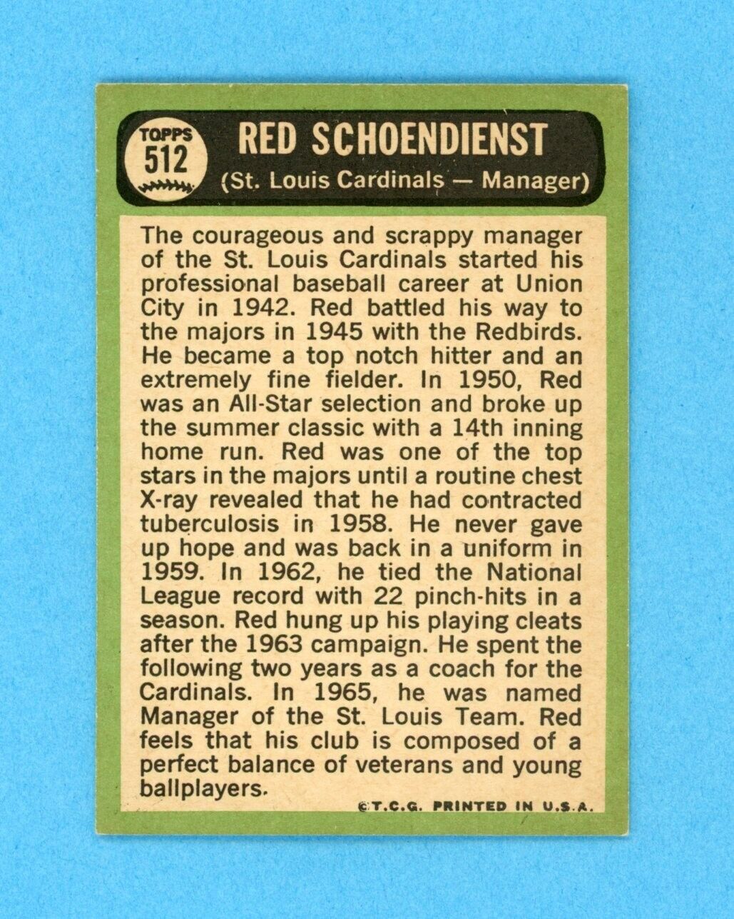 1967 Topps #512 Red Schoendienst St Louis Cardinals Baseball Card Low Grade