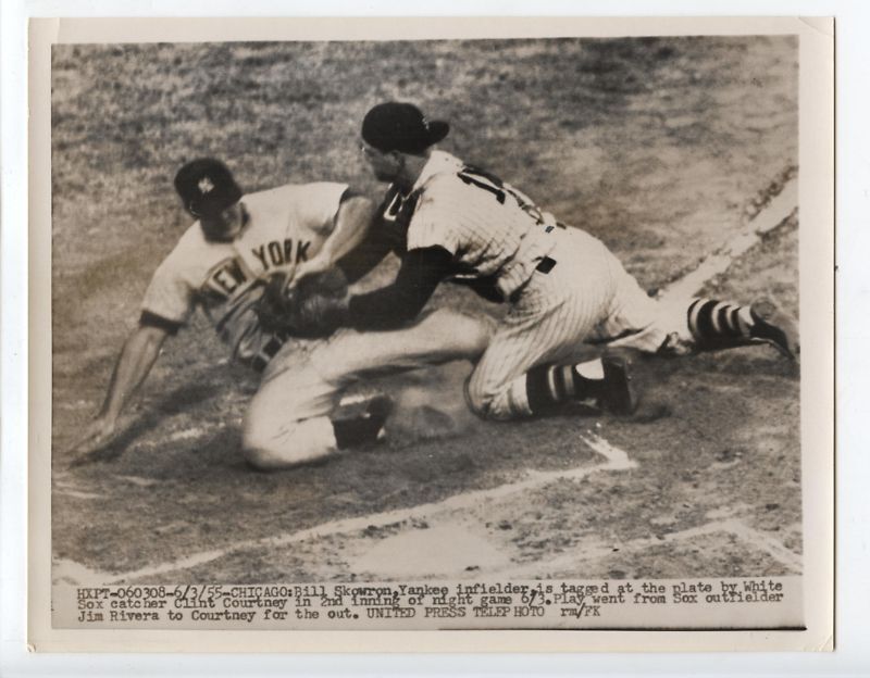 Original 1955 Bill Skowron Out at Plate Wire Photo