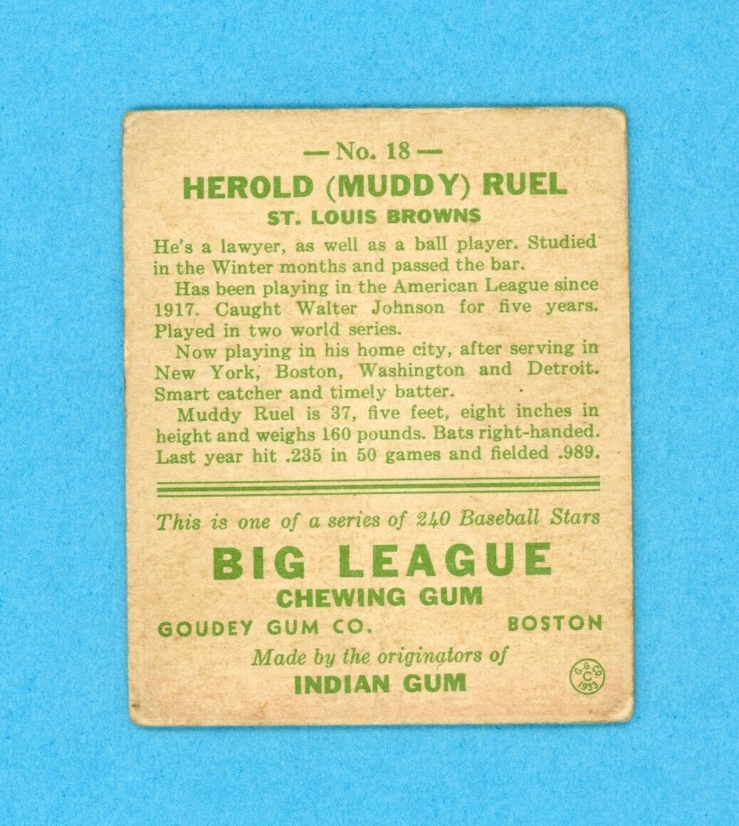 1933 Goudey #18 Herold Muddy Ruel St. Louis Browns Baseball Card Low Grade