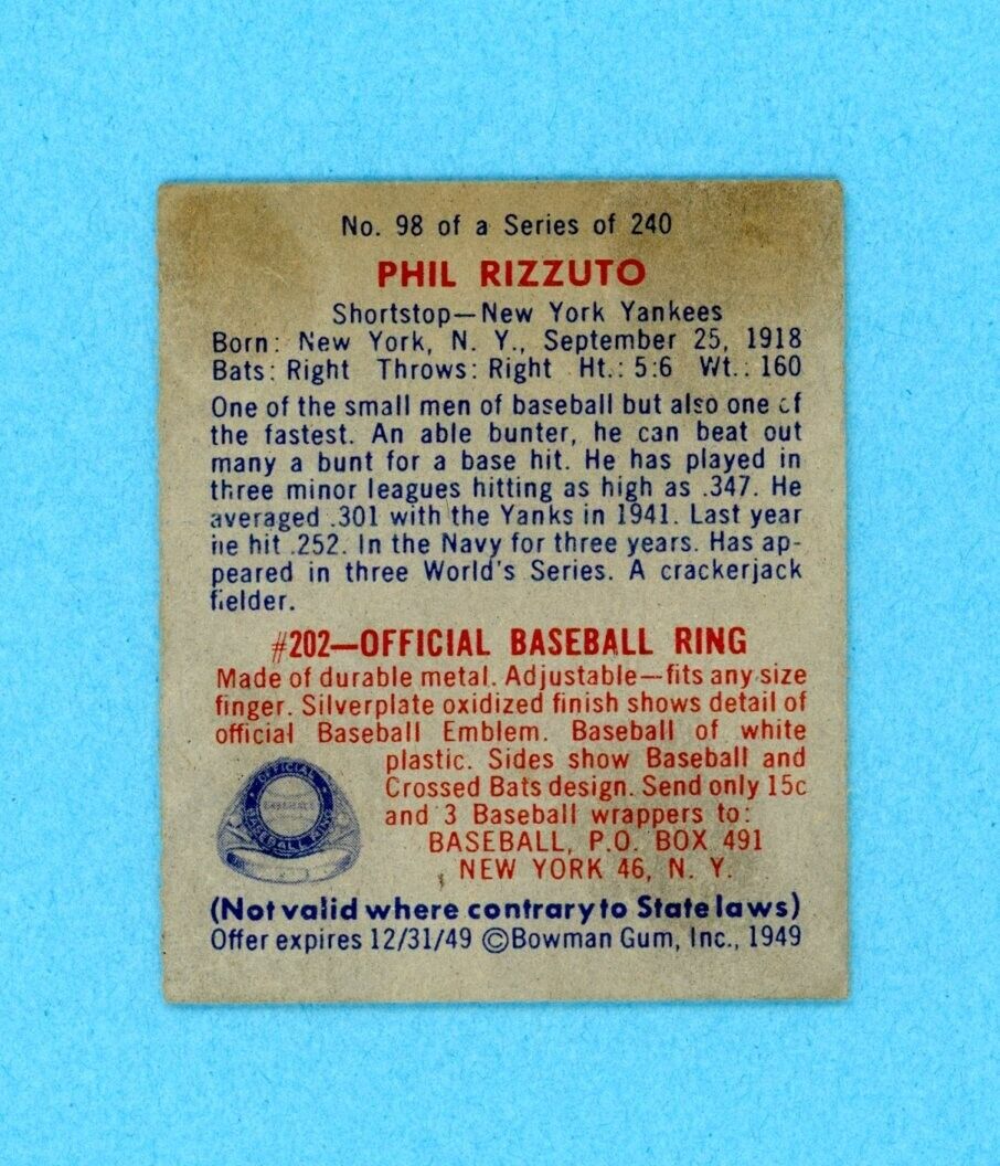 1949 Bowman #98 Phil Rizzuto New York Yankees Baseball Card EX ap wk top, sta bk