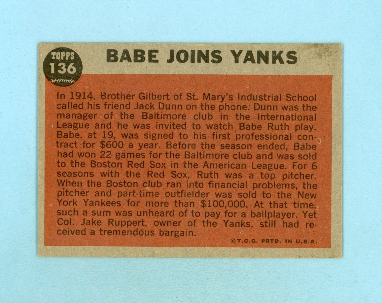 1962 Topps #136 Babe Ruth Special Babe Joins Yanks Baseball Card EX green tint