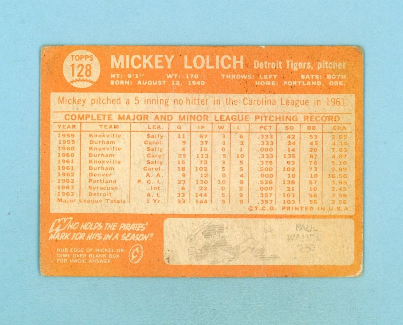 1964 Topps #128 Mickey Lolich Detroit Tigers Rookie Baseball Card VG