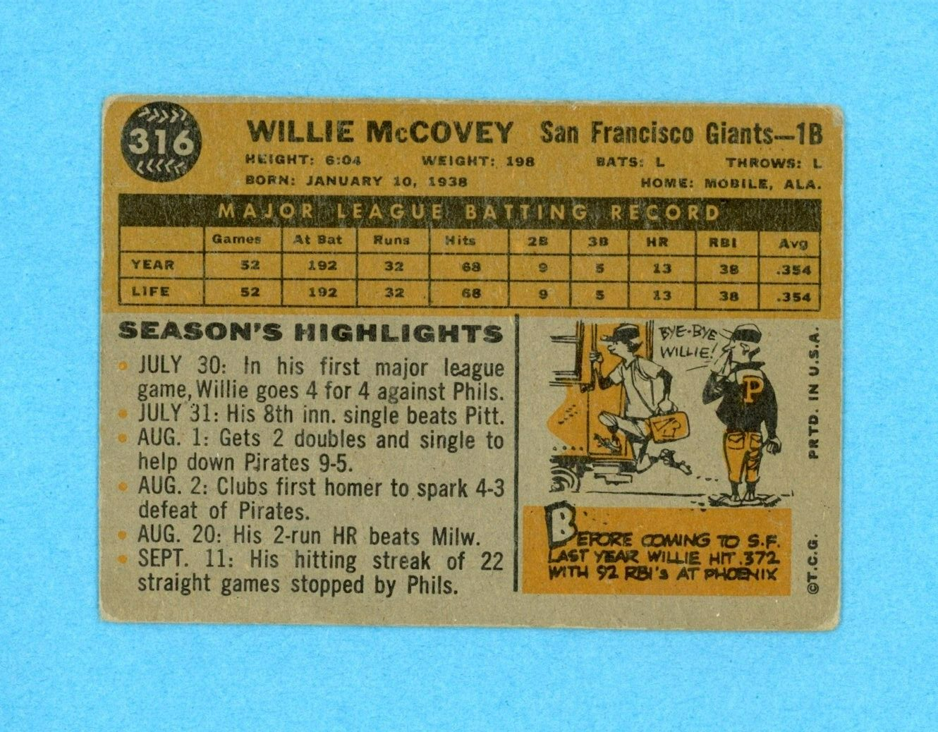 1960 Topps #316 Willie McCovey San Francisco Giants Rookie Baseball Card VG