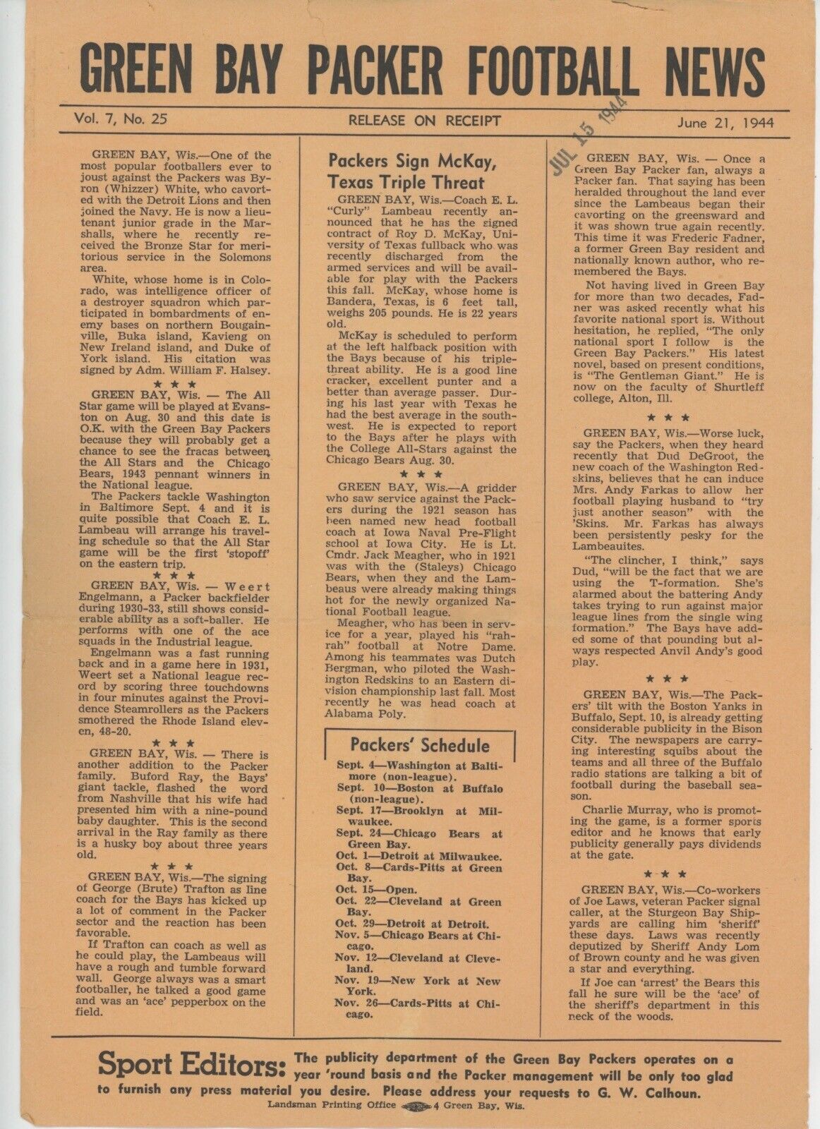 Lot of 4 Original Green Bay Packers Football News Sheets • 2 each 1942 & 1944