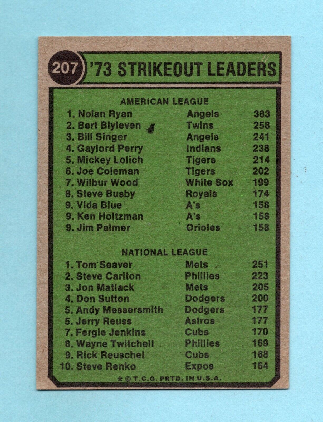 1974 Topps #207 1973 Strikeout Leaders Ryan, Seaver Baseball Card Ex/Mt o/c pmbk