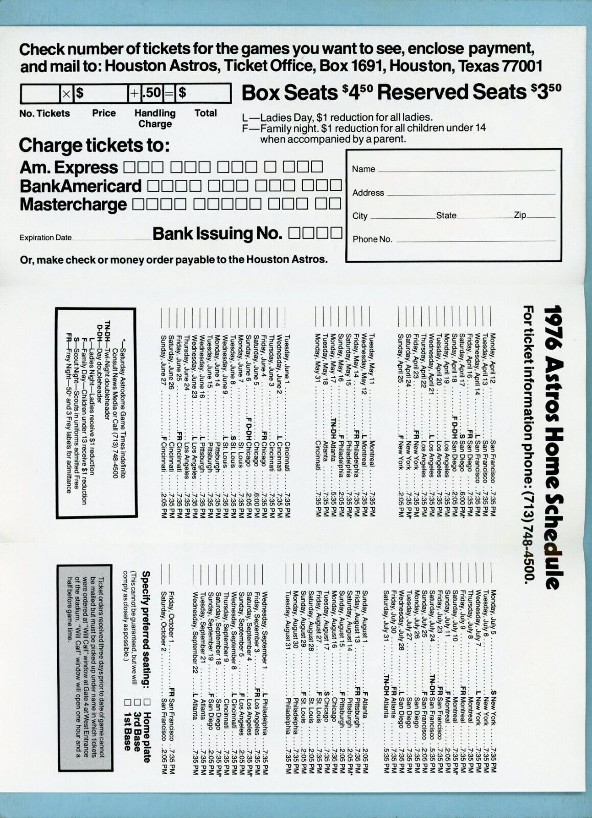 1976 Houston Astros Home Schedule & Ticket Request Pamphlet