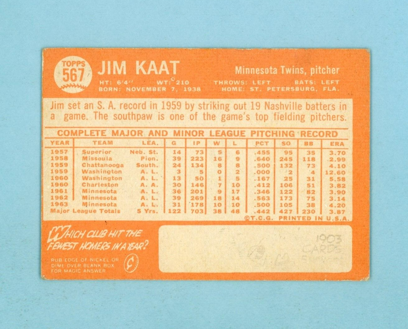 1964 Topps #567 Jim Kaat Minnesota Twins High Number Baseball Card EX