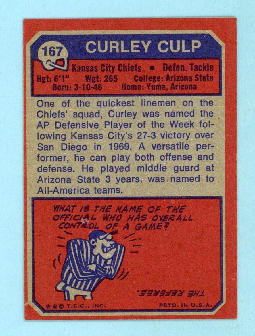 1973 Topps #167 Curley Culp Kansas City Chiefs Rookie Football Card NM