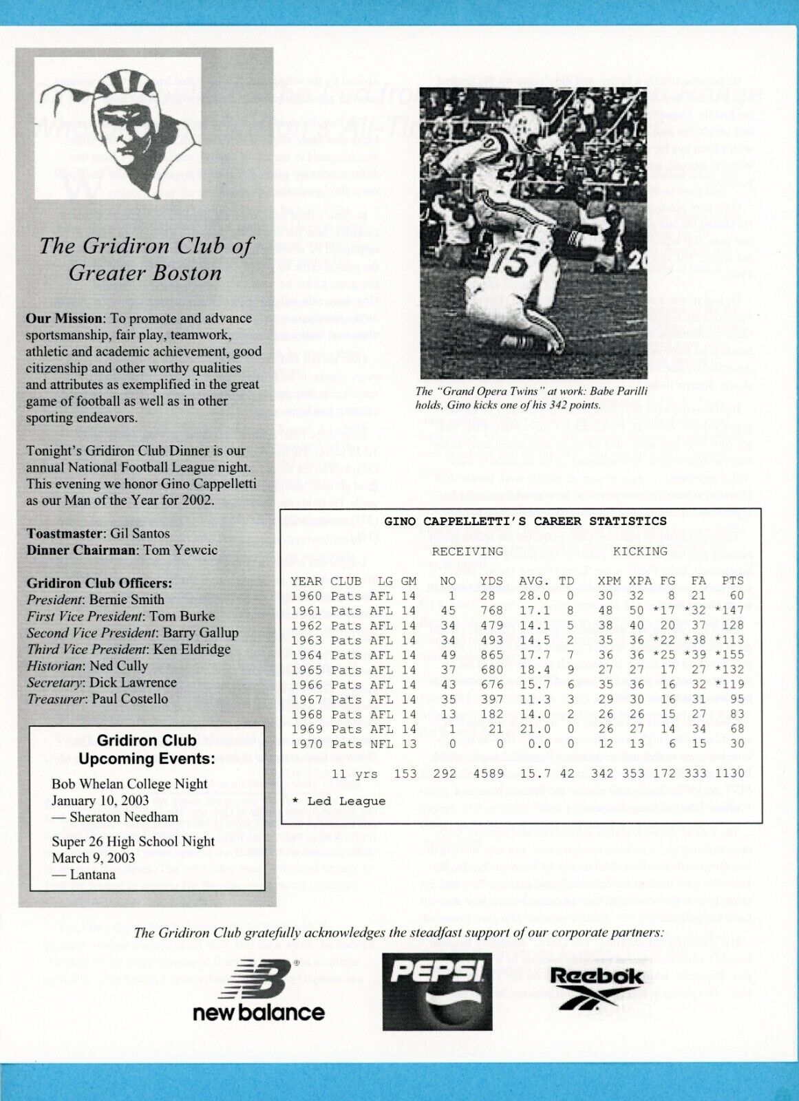 October 25, 2002 The Gridiron Club of Greater Boston Dinner Gino Cappelletti