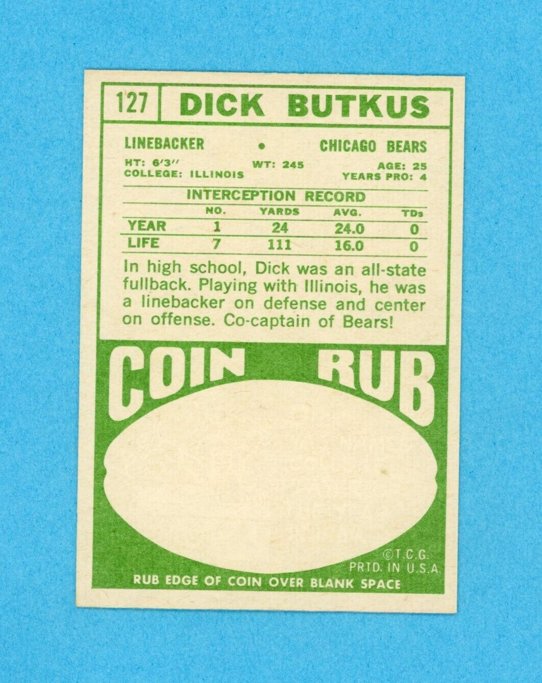 1968 Topps #127 Dick Butkus Chicago Bears Football Card Ex/Mt - NM