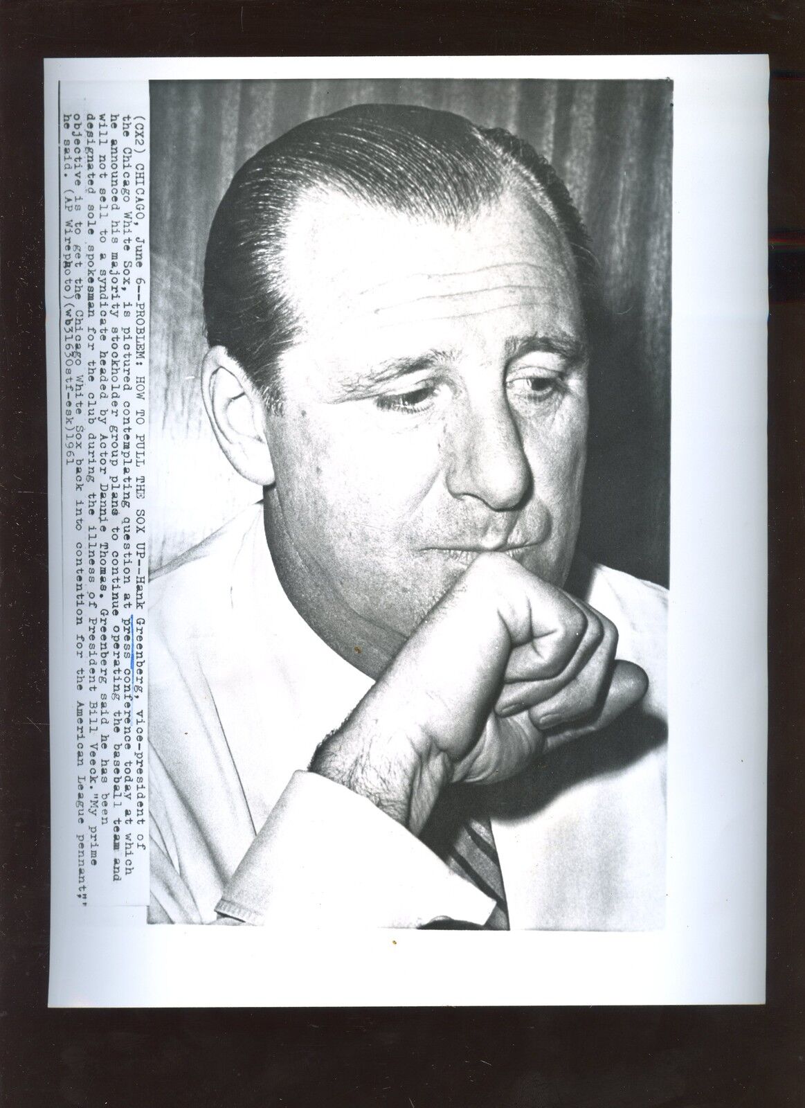 Original June 6 1961 Hank Greenberg Chicago White Sox Exec Wire Photo