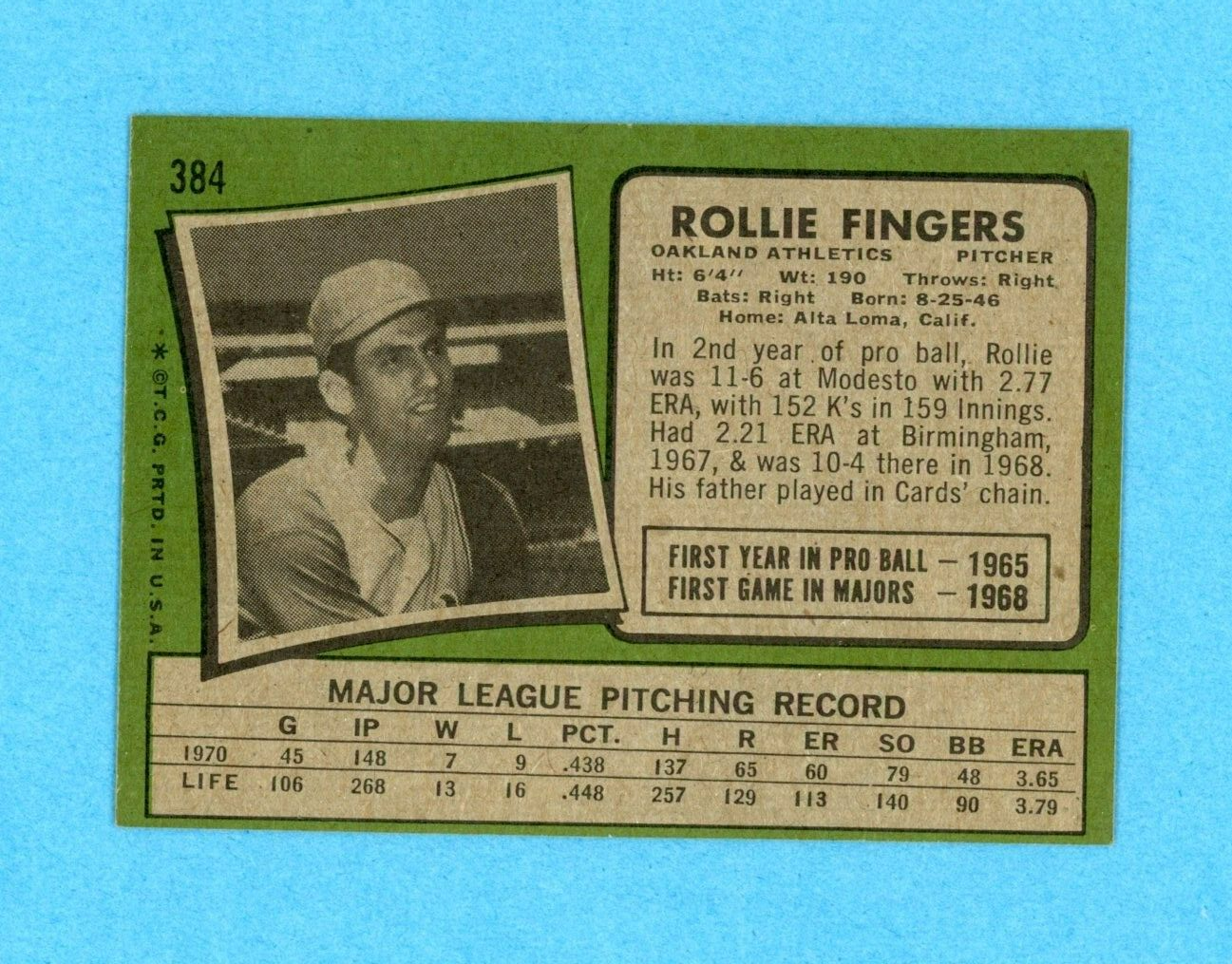 1971 Topps #384 Rollie Fingers Oakland Athletics Baseball Card EX+ - Ex/Mt o/c