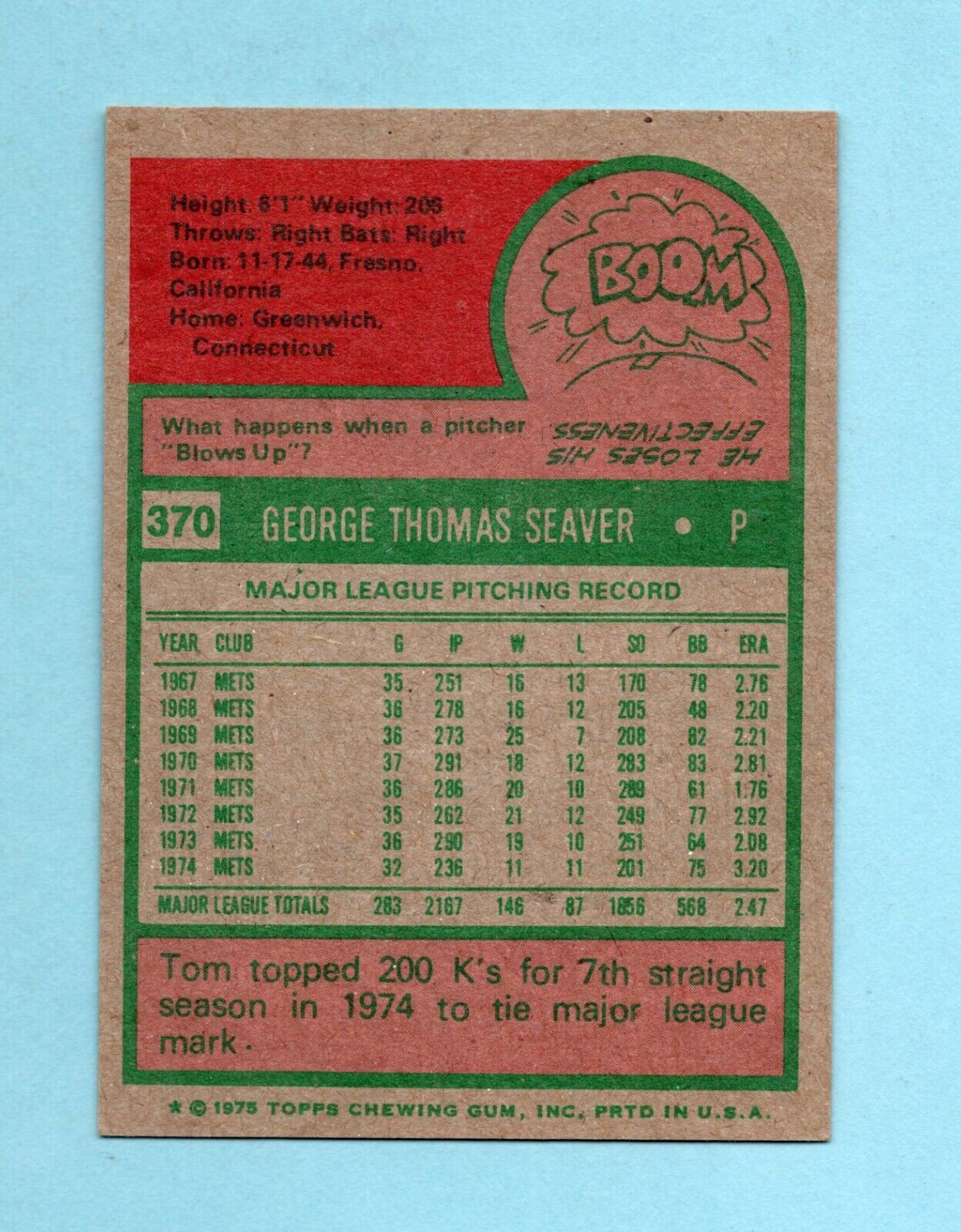 1975 Topps #370 Tom Seaver New York Mets Baseball Card EX+