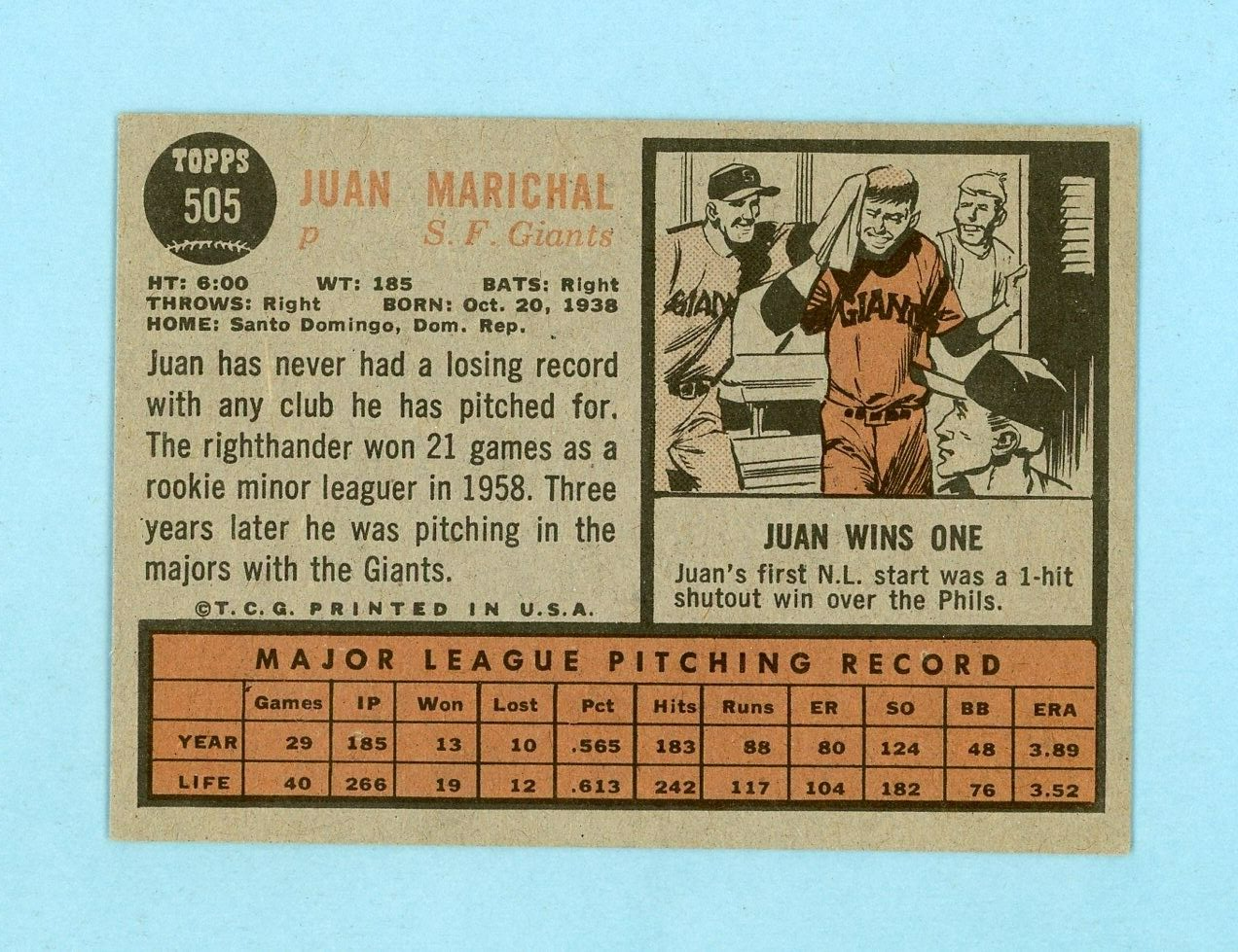 1962 Topps #505 Juan Marichal SF Giants Semi-High Number Baseball Card E-E+ chp