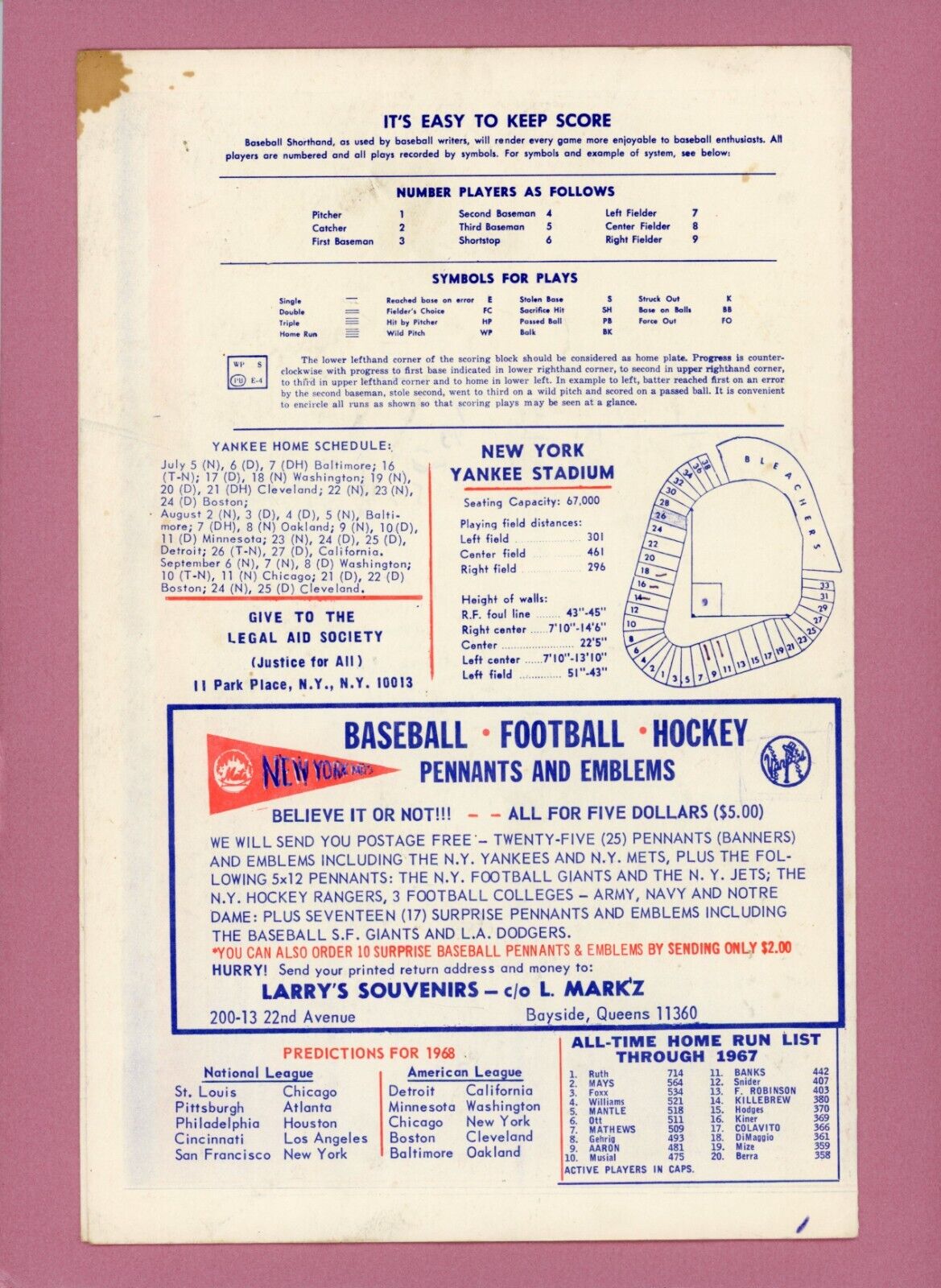 July 20, 1968 Program/Scorecard Cleveland Indians vs New York Yankees Luis Tiant