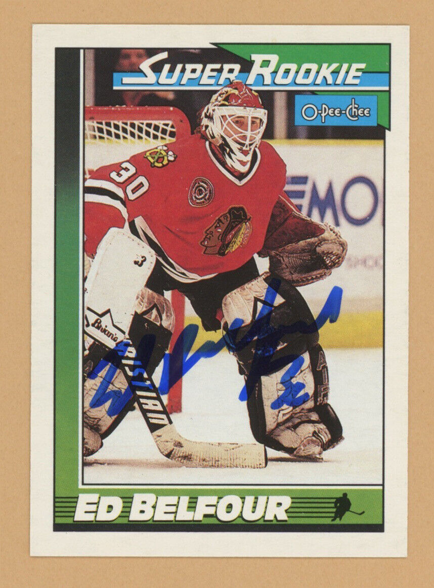 Ed Belfour Super Rookie Signed 1991 O-Pee-Chee Card #4 Auto with B&E Hologram