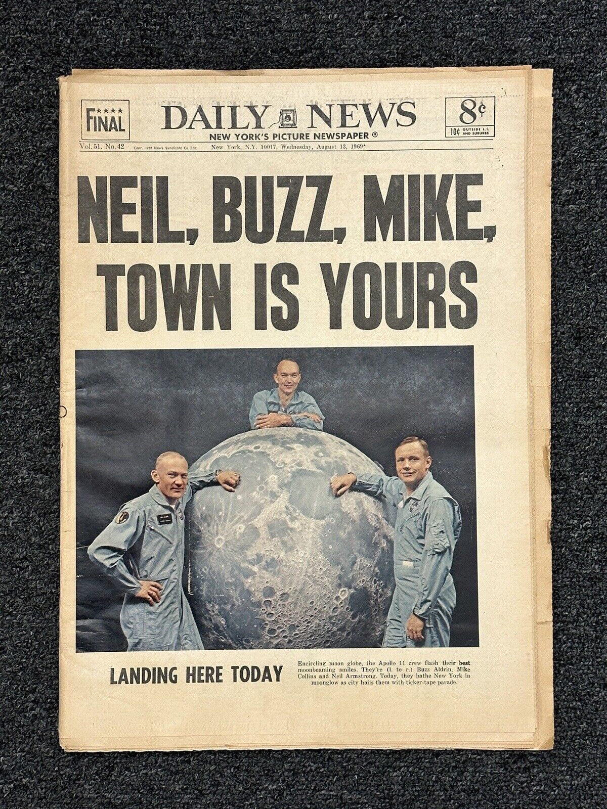 August 13, 1969 Astronauts : Armstrong Aldrin Collins NY Daily News Newspaper