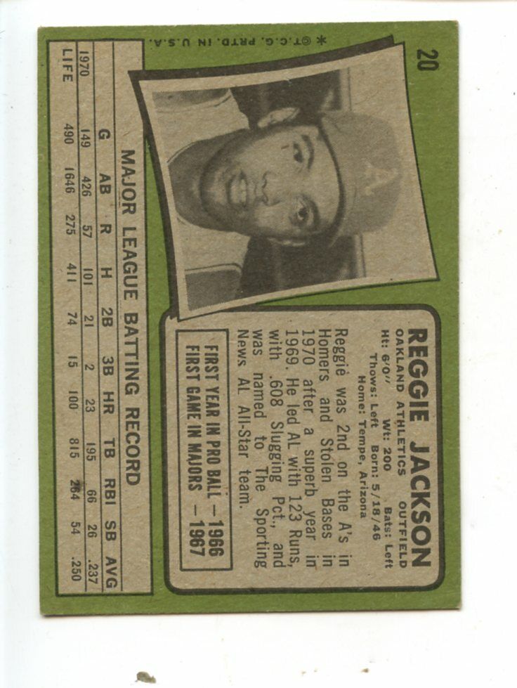 1971 Topps  Baseball Card #20 Reggie Jackson EX OC