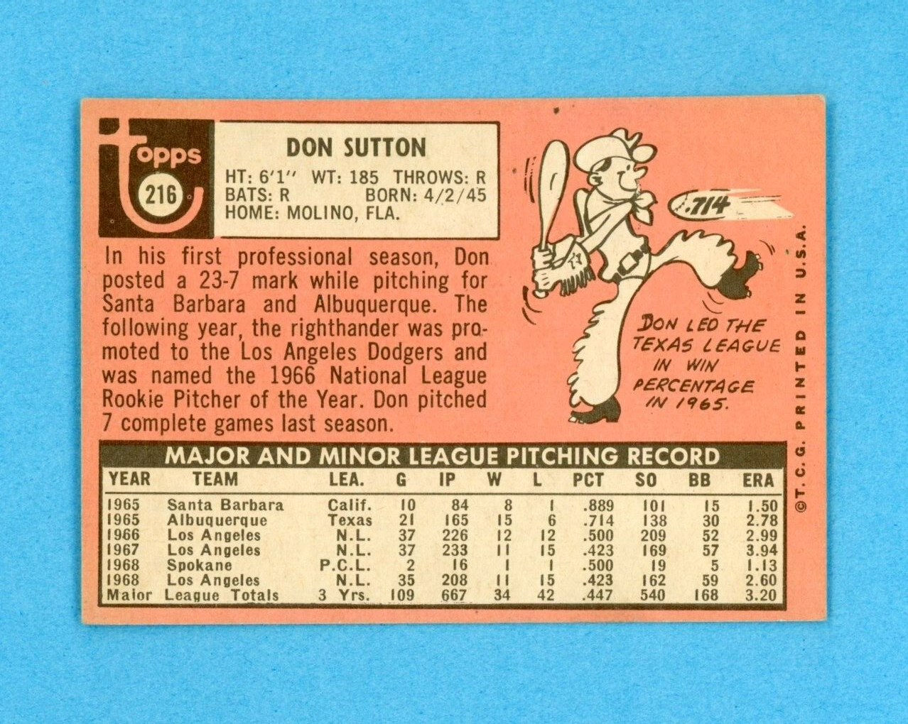 1969 Topps #216 Don Sutton Los Angeles Dodgers Baseball Card EX - EX+