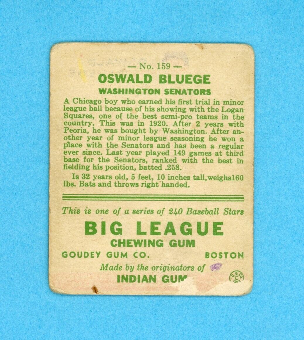 1933 Goudey #159 Oswald Bluege Washington Senators Baseball Card G - VG splbk