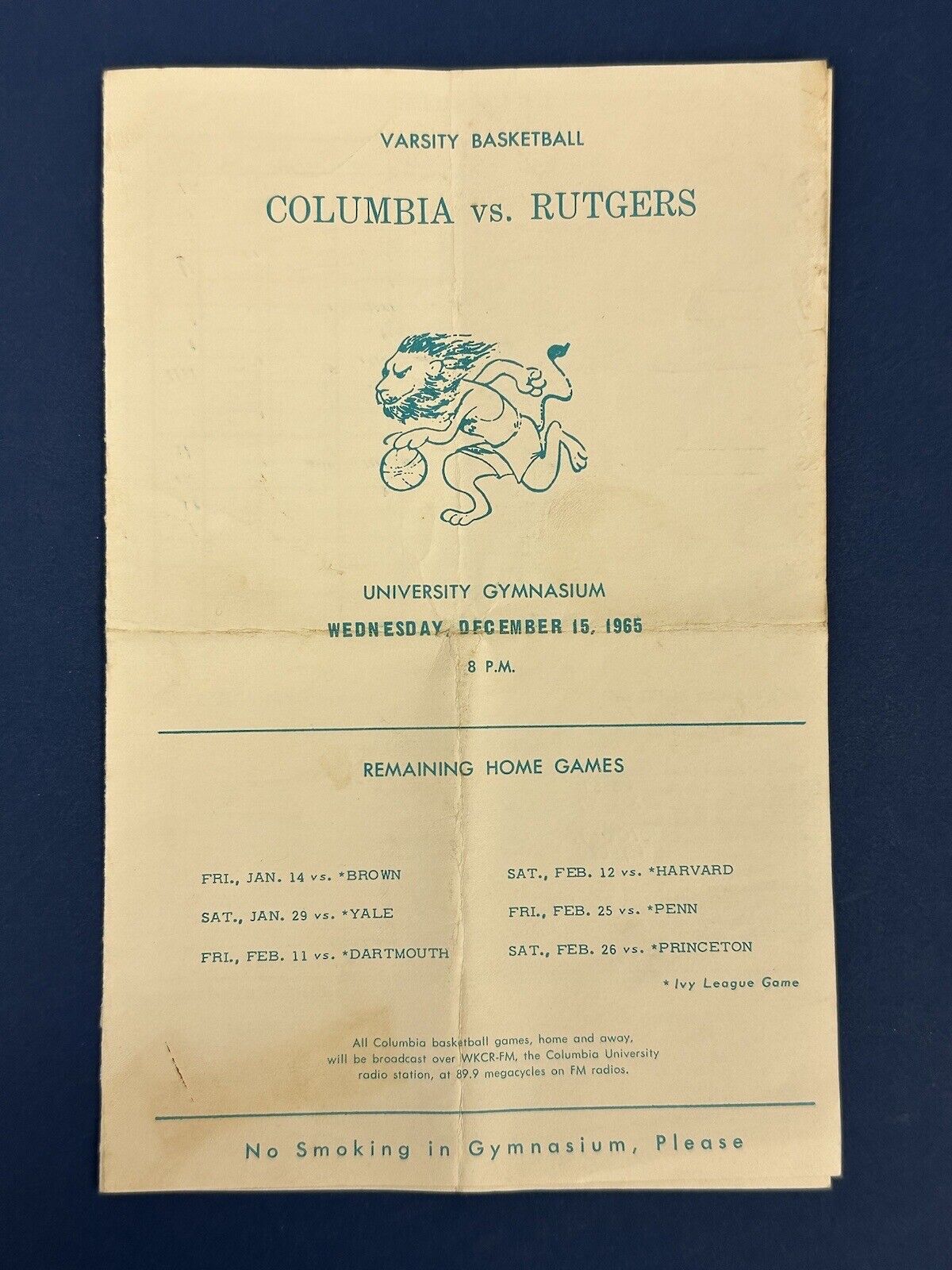 Dec. 15, 1965 Columbia University vs Rutgers NCAA Basketball Program w/ Valvano