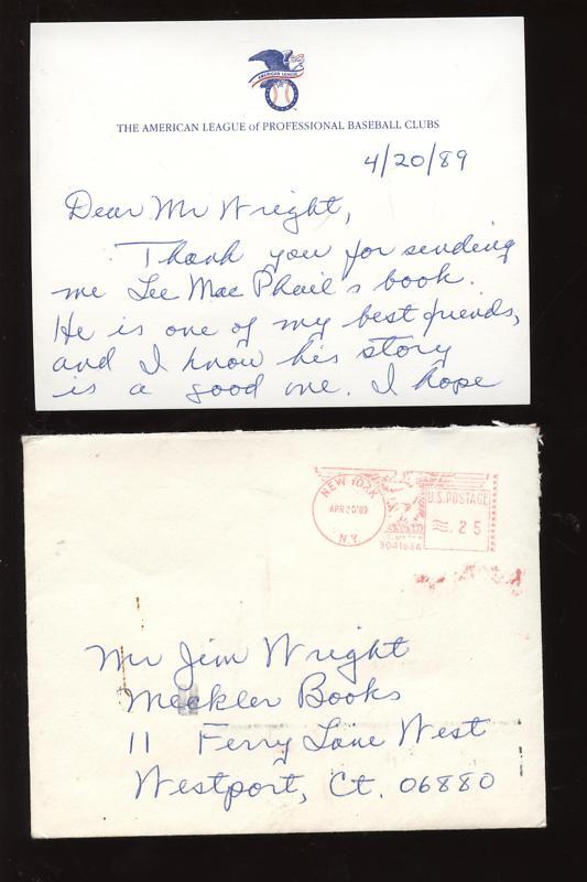 1989 Bobby Brown AL President SIGNED 4.25 x 5.5" Letter w/ Envelope