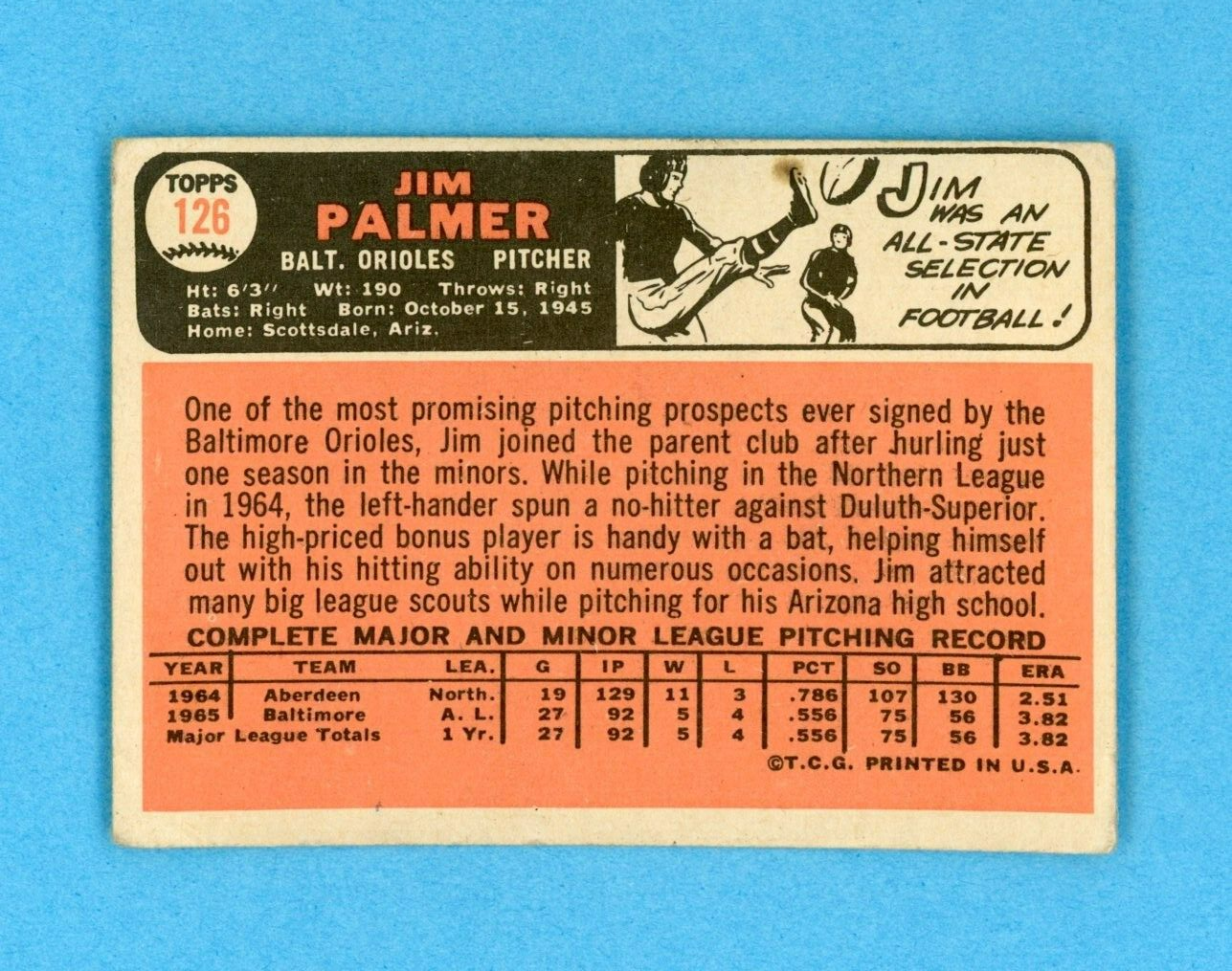 1966 Topps #126 Jim Palmer Baltimore Orioles Rookie Baseball Card Low Grade