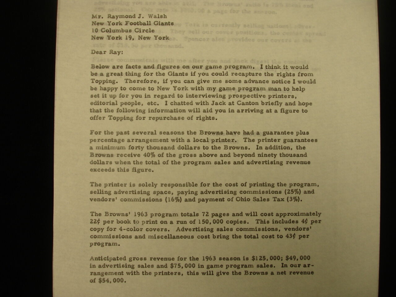 September 9, 1963 New York Giants Letter to Ray Walsh