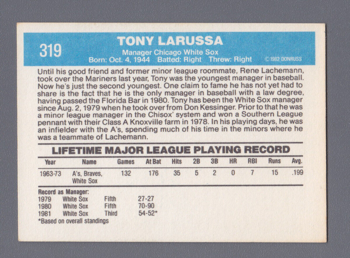 Tony LaRussa Signed 1982 Donruss Card #319 Auto with B&E Hologram