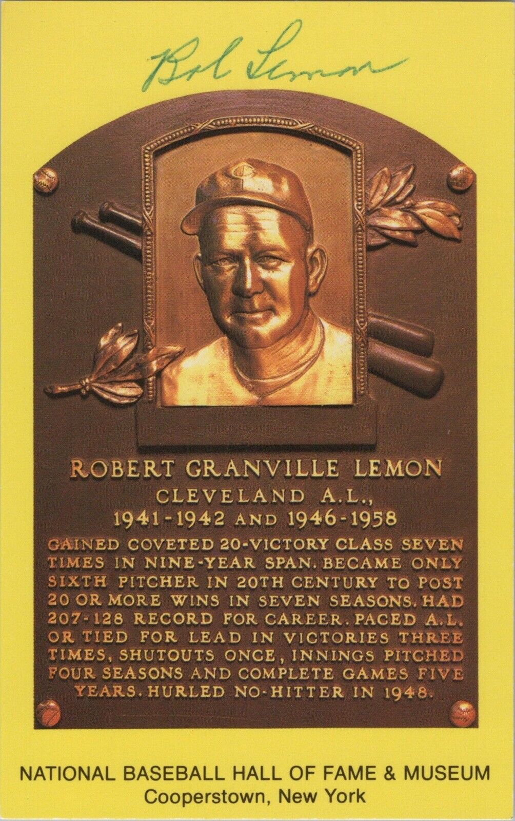 Bob Lemon Signed Yellow HOF Plaque with B&E Hologram