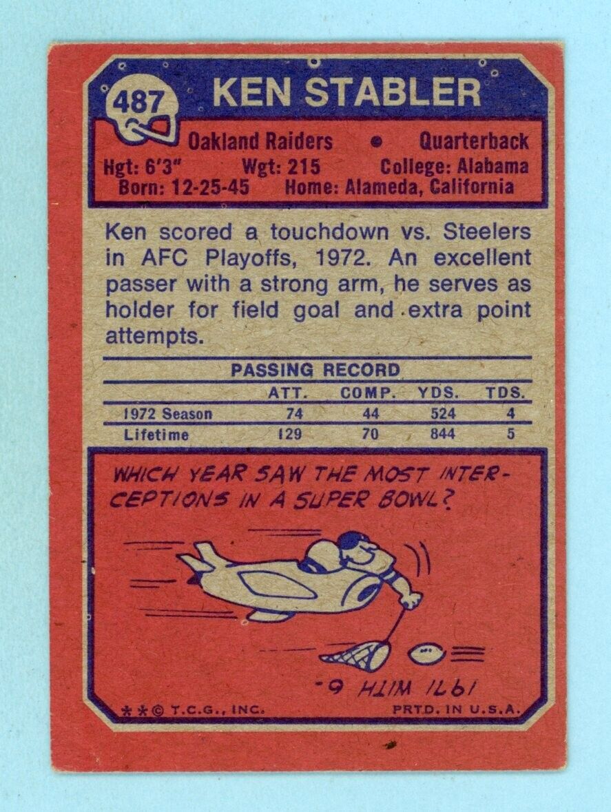 1973 Topps #487 Ken Stabler Oakland Raiders Rookie Football Card V/Ex ap wc brc