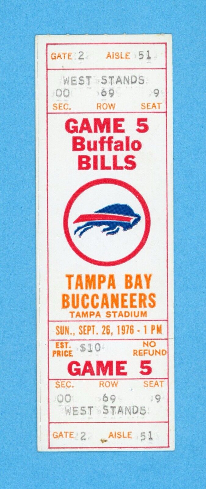 9/26/76 Buffalo Bills at Tampa Bay Buccaneers  Full Ticket