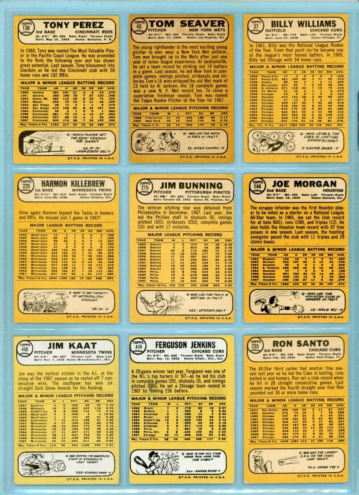 1968 Topps Lot of 9 Different Hall of Famer Baseball Cards LG - Vg/Ex