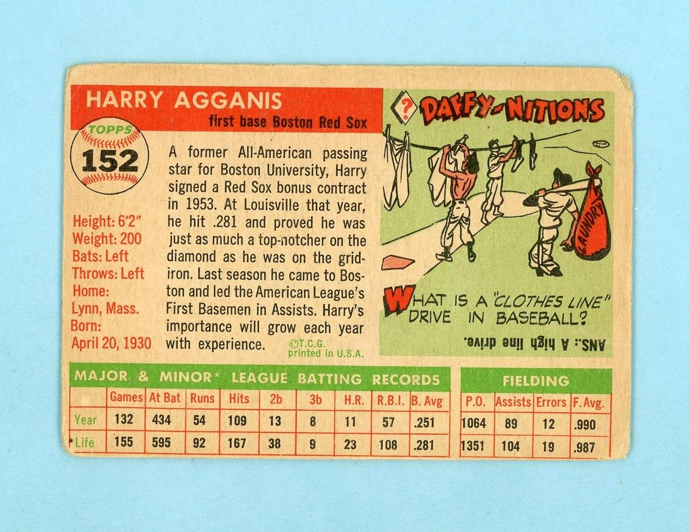 1955 Topps #152 Harry Agganis Boston Red Sox Rookie Baseball Card Low Grade