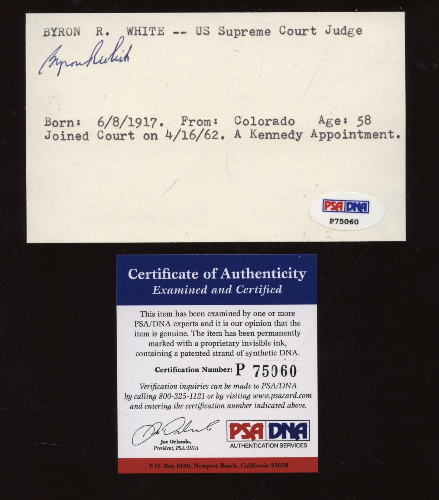 Byron White Signed Index Card  PSA/DNA 