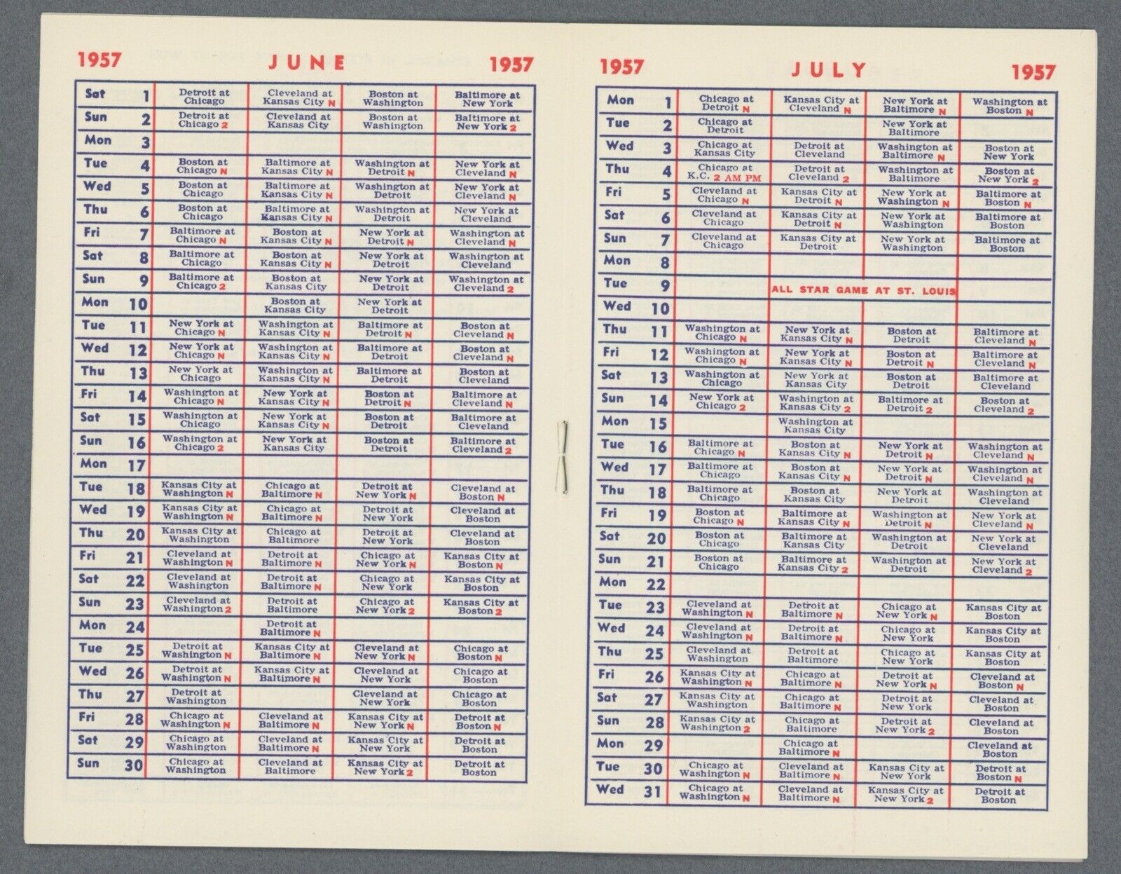 1957 New York Yankees Pocket Schedule 3.5"x5.5"