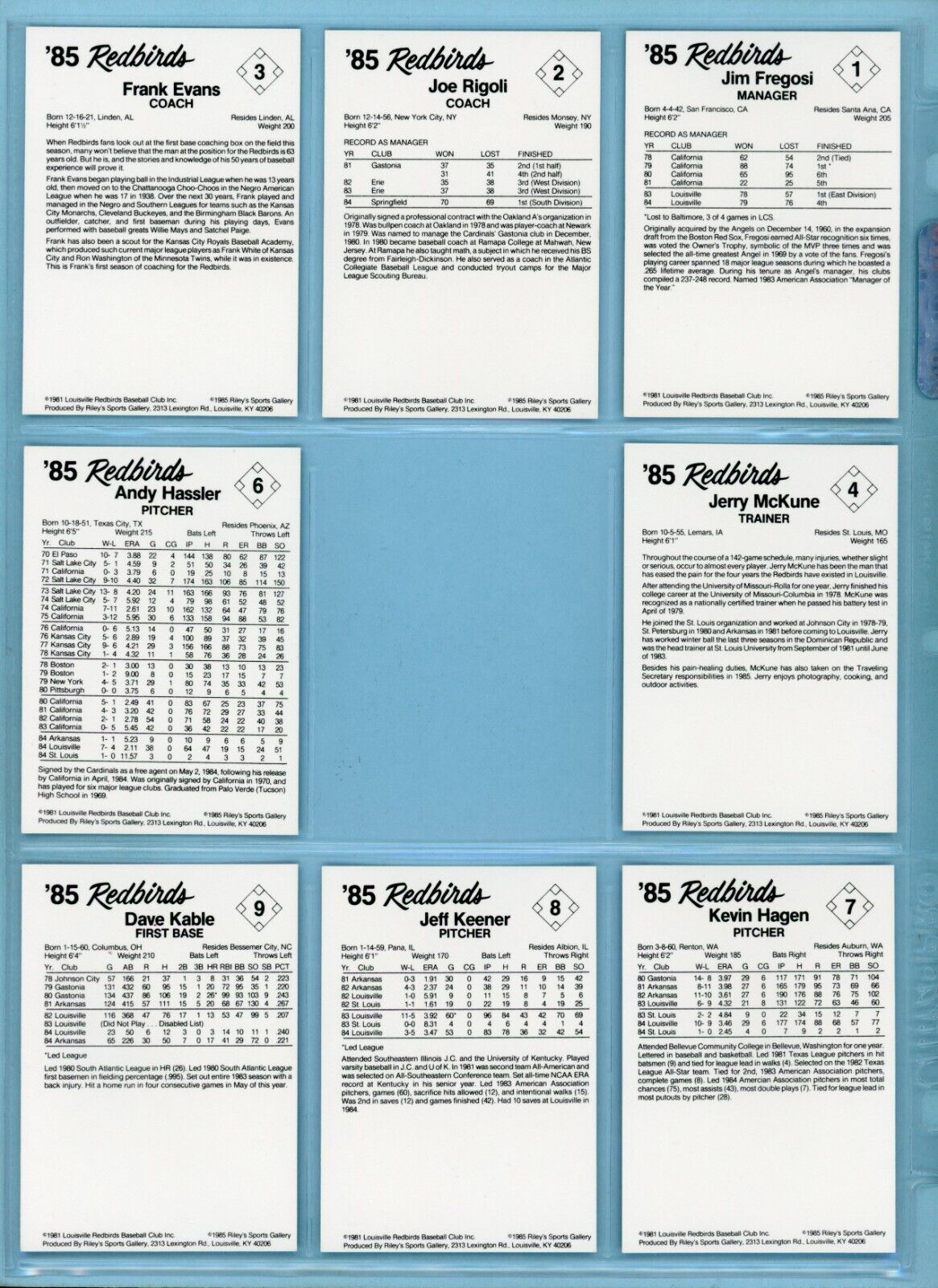 1985 Riley's Louisville Red Birds Near Set (28 of 30) Baseball Cards NM