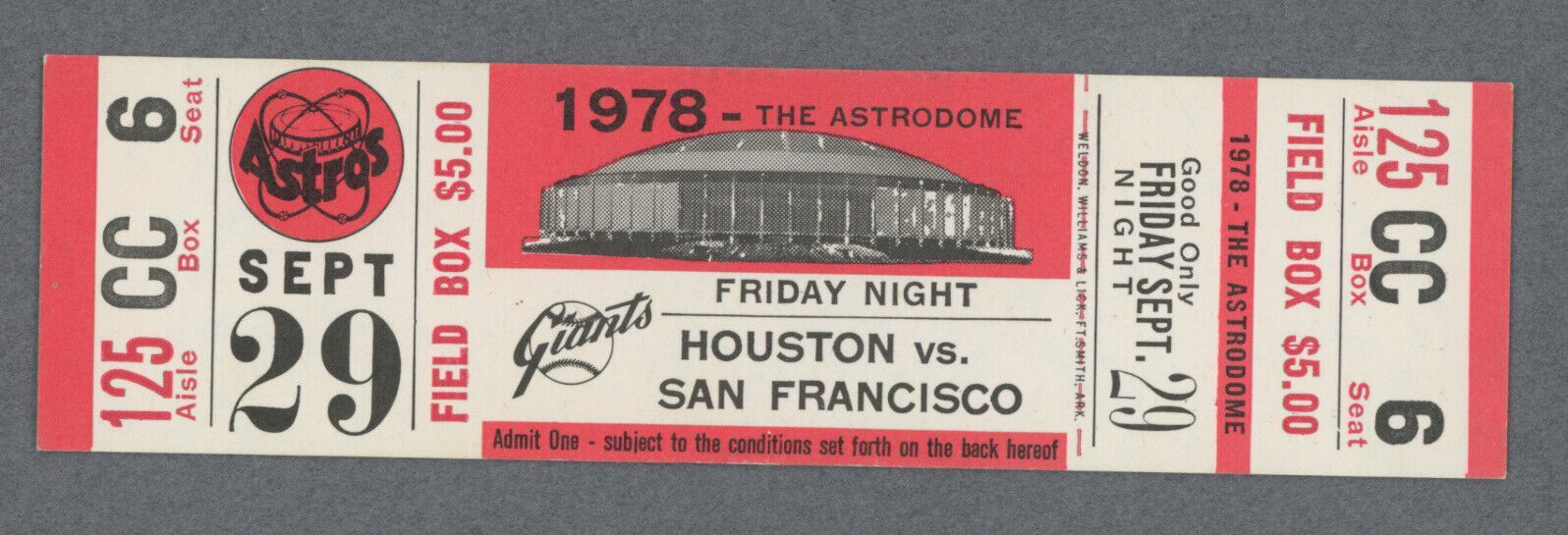 9/29/78 San Francisco Giants vs Houston Astros at the Astrodome Full Ticket