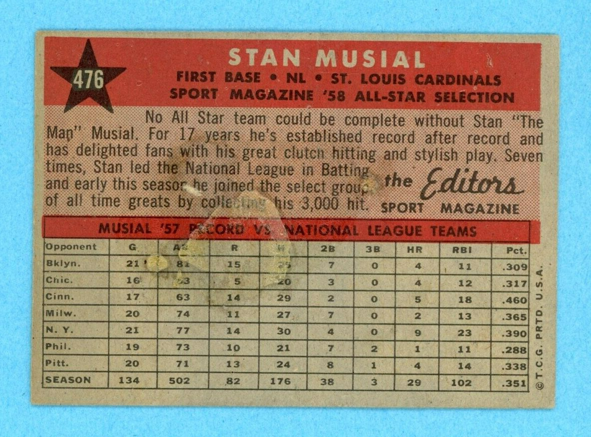 1958 Topps #476 Stan Musial All-Star St. Louis Cardinals Baseball Card Low Grade