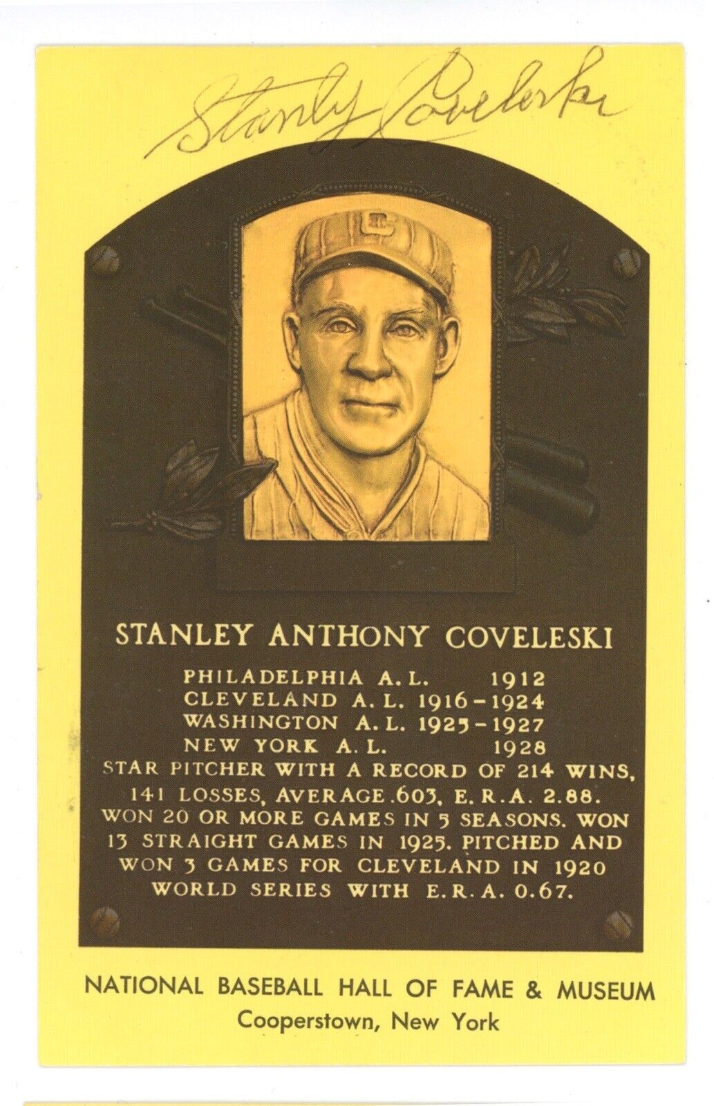 Stan Coveleski Signed Yellow HOF Plaque with B&E Hologram