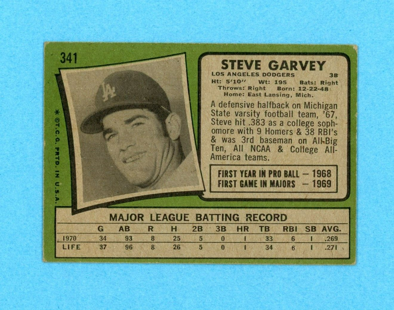 1971 Topps #341 Steve Garvey LA Dodgers Rookie Baseball Card Vg/Ex wrk ind