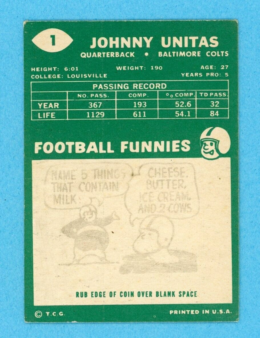 1960 Topps #1 Johnny Unitas Baltimore Colts Football Card EX lwat