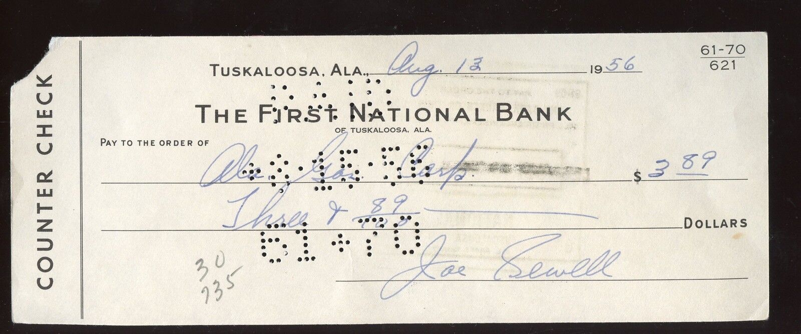 1956 Joe Sewell Signed Bank Check Hologram