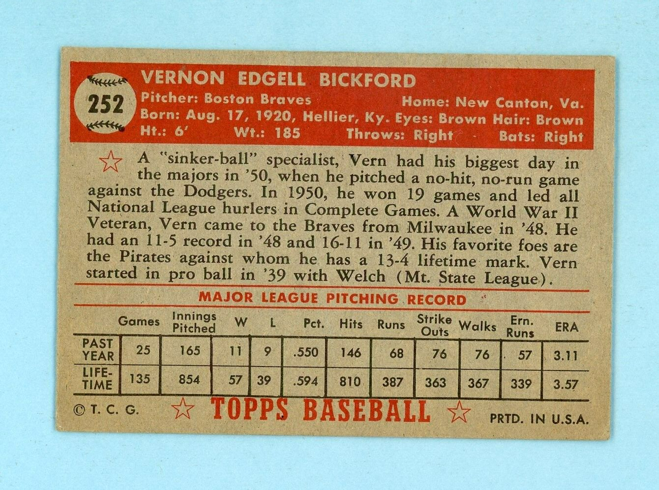 1952 Topps #252 Vern Bickford Boston Braves Baseball Card EX - EX+