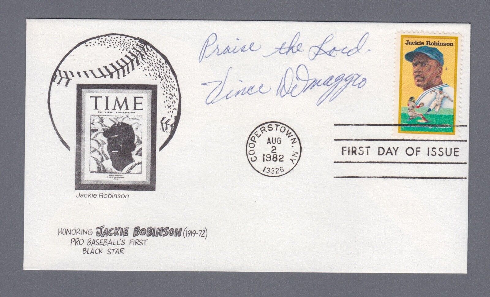 Signed First Day Cover 8/2/82  Cachet Vince DiMaggio Auto with B&E Hologram 1