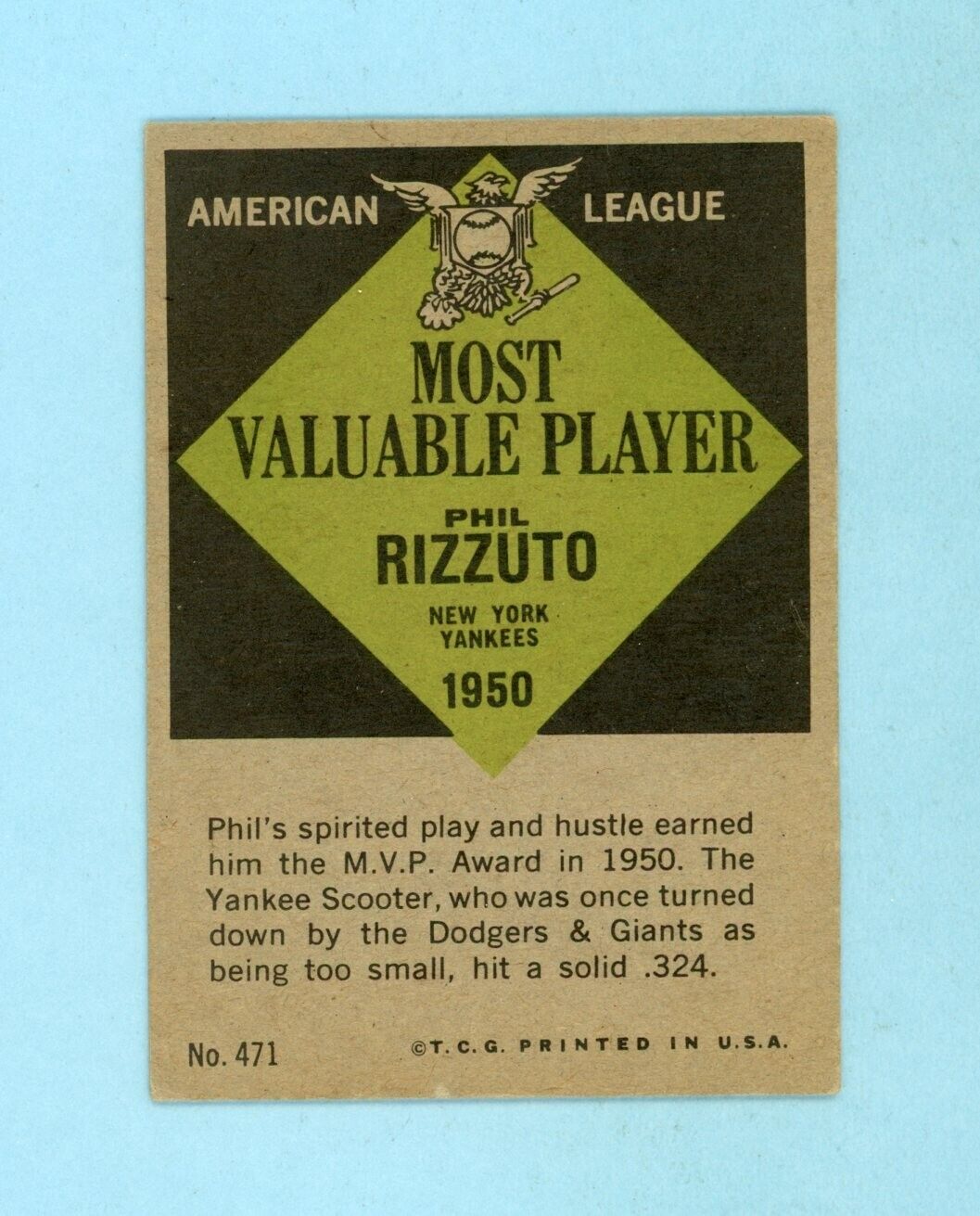 1961 Topps #471 Phil Rizzuto MVP New York Yankees Baseball Card EX prt ln