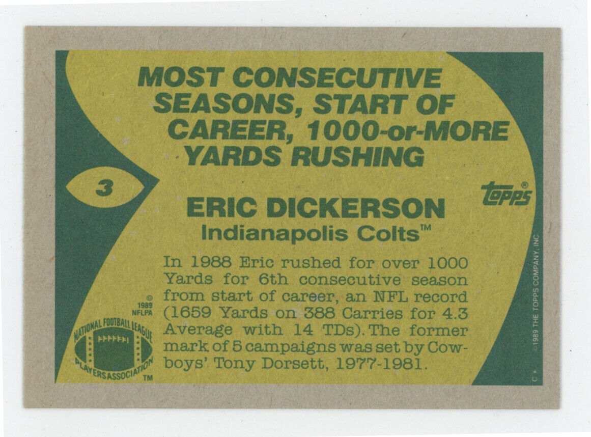 Eric Dickerson Colts Signed 1989 Topps Card #3 Auto with B&E Hologram