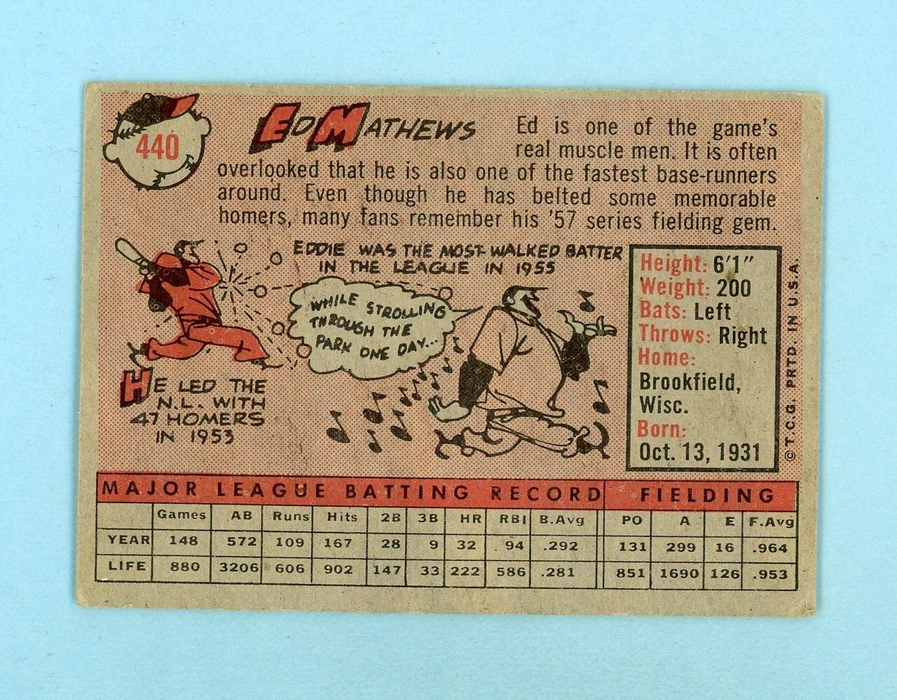 1958 Topps #440 Ed Mathews Milwaukee Braves Baseball Card Low Grade