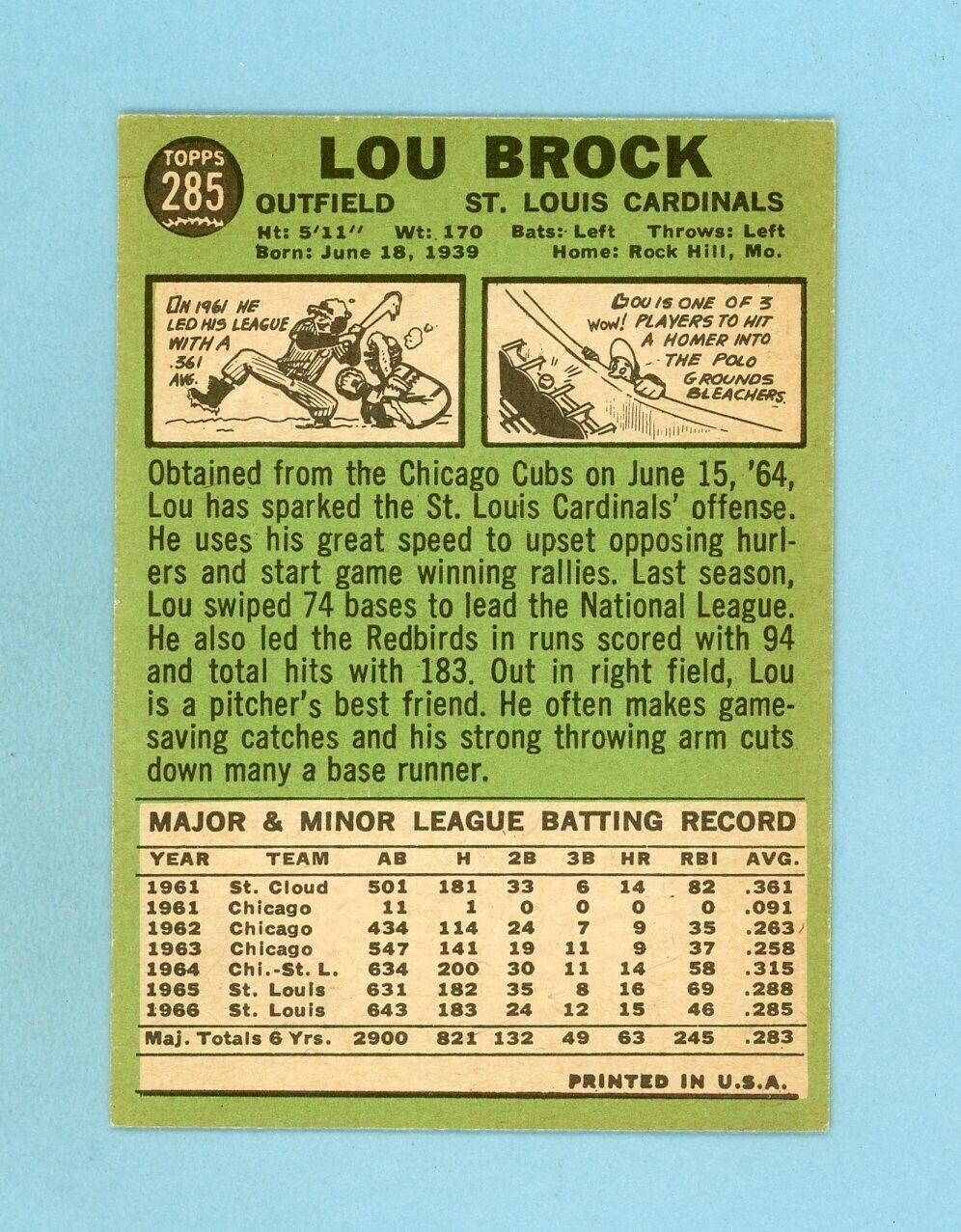 1967 Topps #285 Lou Brock St. Louis Cardinals Baseball Card EX-EX+ lht wrk blc